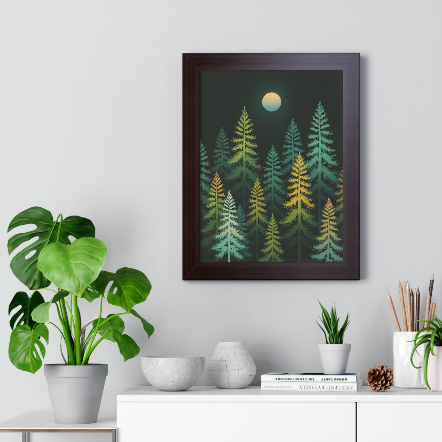 Vertical Forest Poster featuring stylized pine trees in light green and yellow against a dark background, adding a calming nature touch to any room. Perfect for home or office decor.