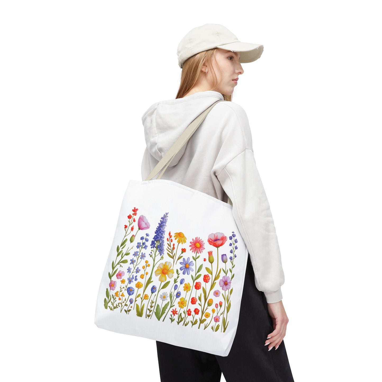 Wildflowers Tote Bag featuring a vibrant wildflower design, ideal for carrying essentials with ease. Durable polyester, reinforced handles, and boxed corners make it perfect for nature lovers and everyday use.