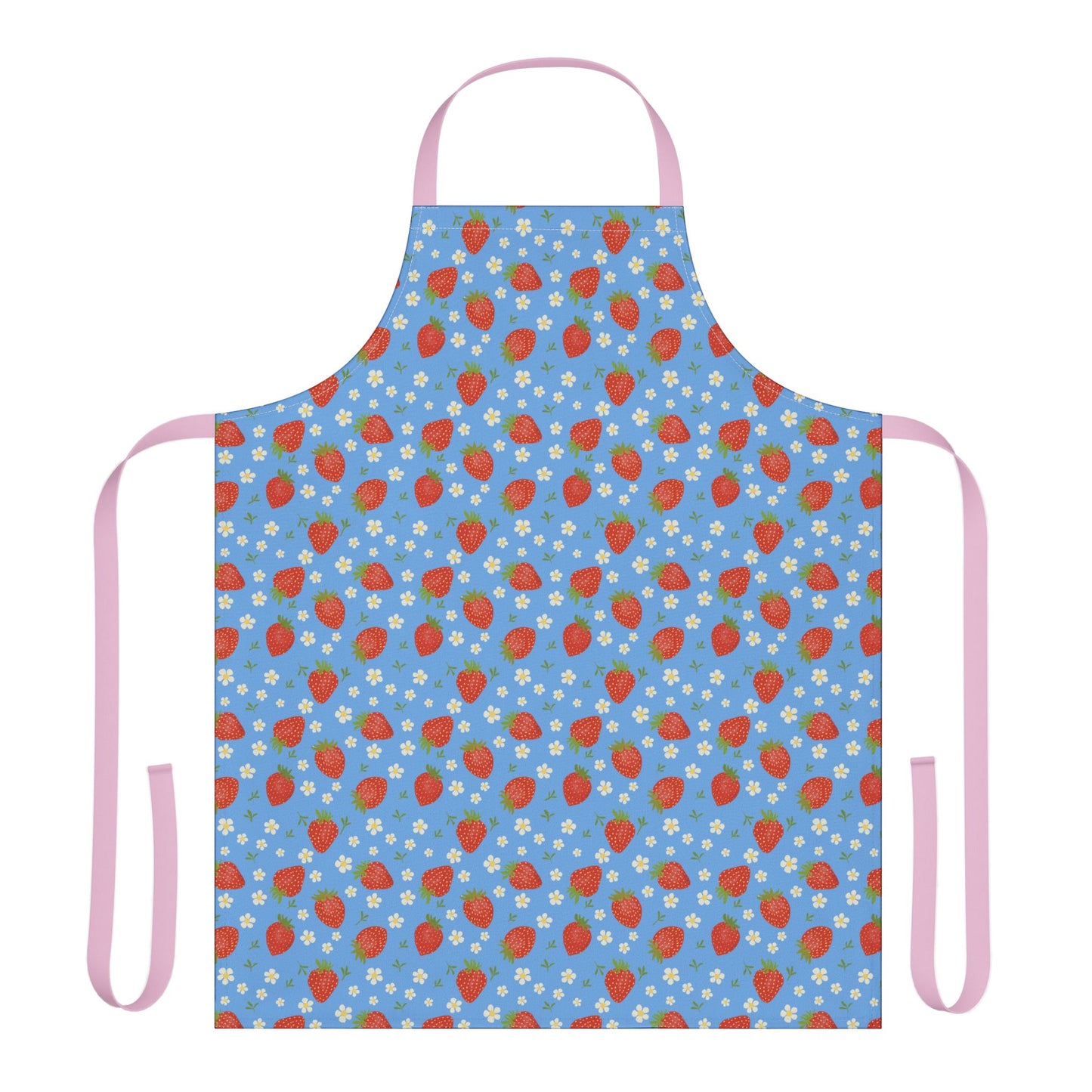 Apron, Strawberry 5-Color Straps: A blue apron adorned with vibrant red strawberries and white flowers, designed for comfort and style, perfect for cooking or crafting in joyful, uplifting fashion.
