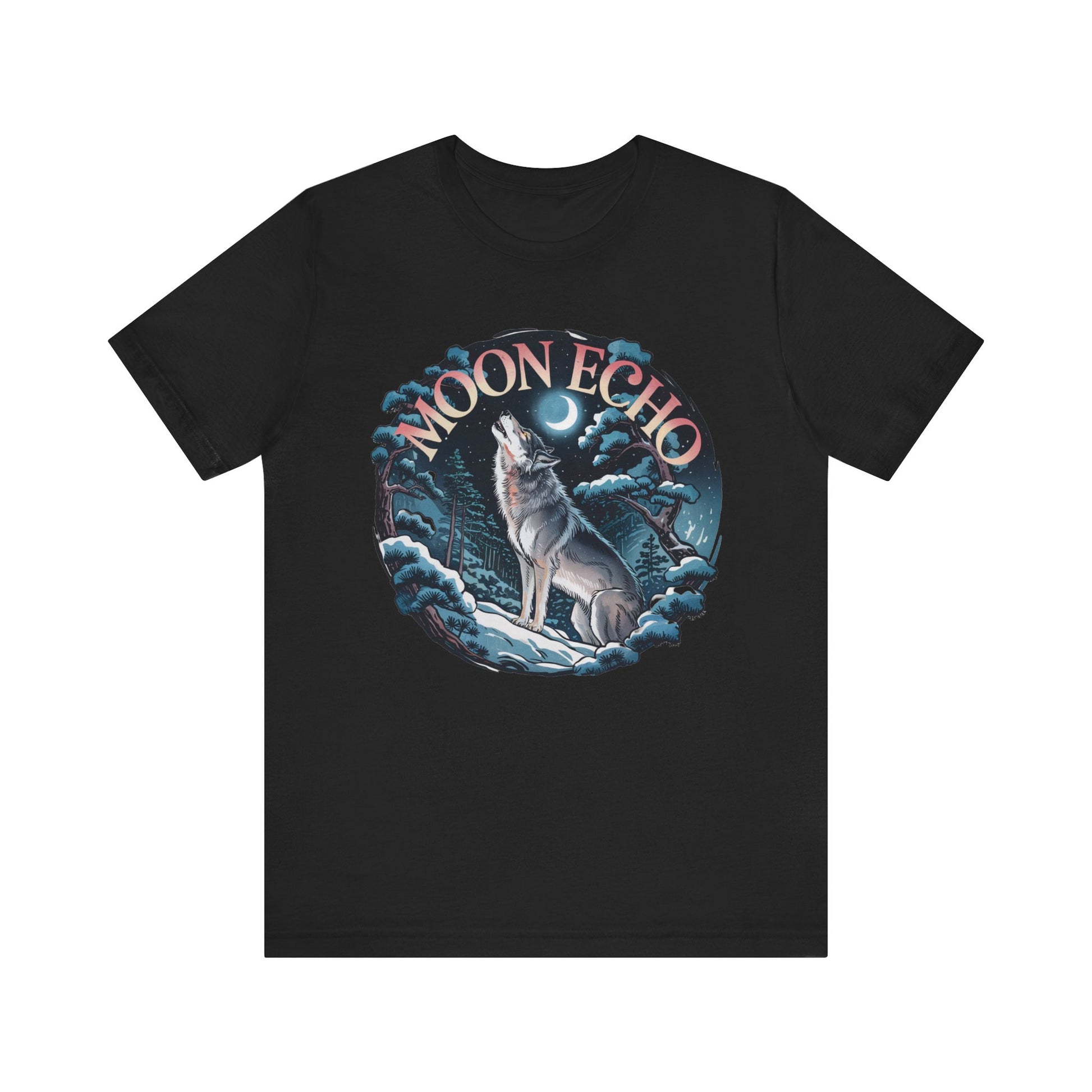 Moon Echo Wolf Howling Beneath the Moon Bella+Canvas Unisex T-Shirt featuring a wolf graphic, perfect for nature and wildlife enthusiasts.