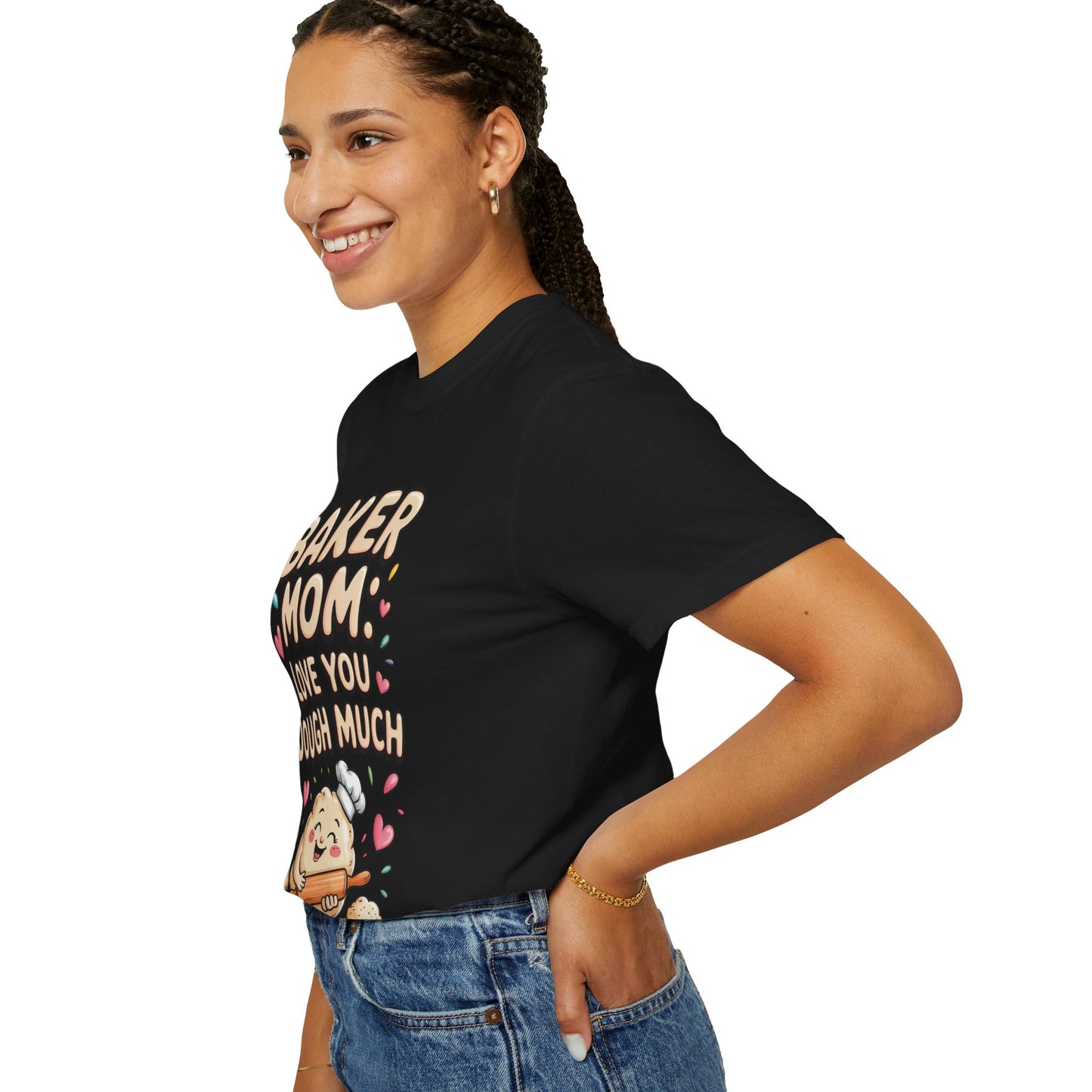 Baker Mom: Love You Dough Much Mother's Day Comfort Colors Unisex T-Shirt, showcasing playful 'Baker Mom' text. Designed for comfort with a relaxed fit and durable stitching, ideal for everyday wear.