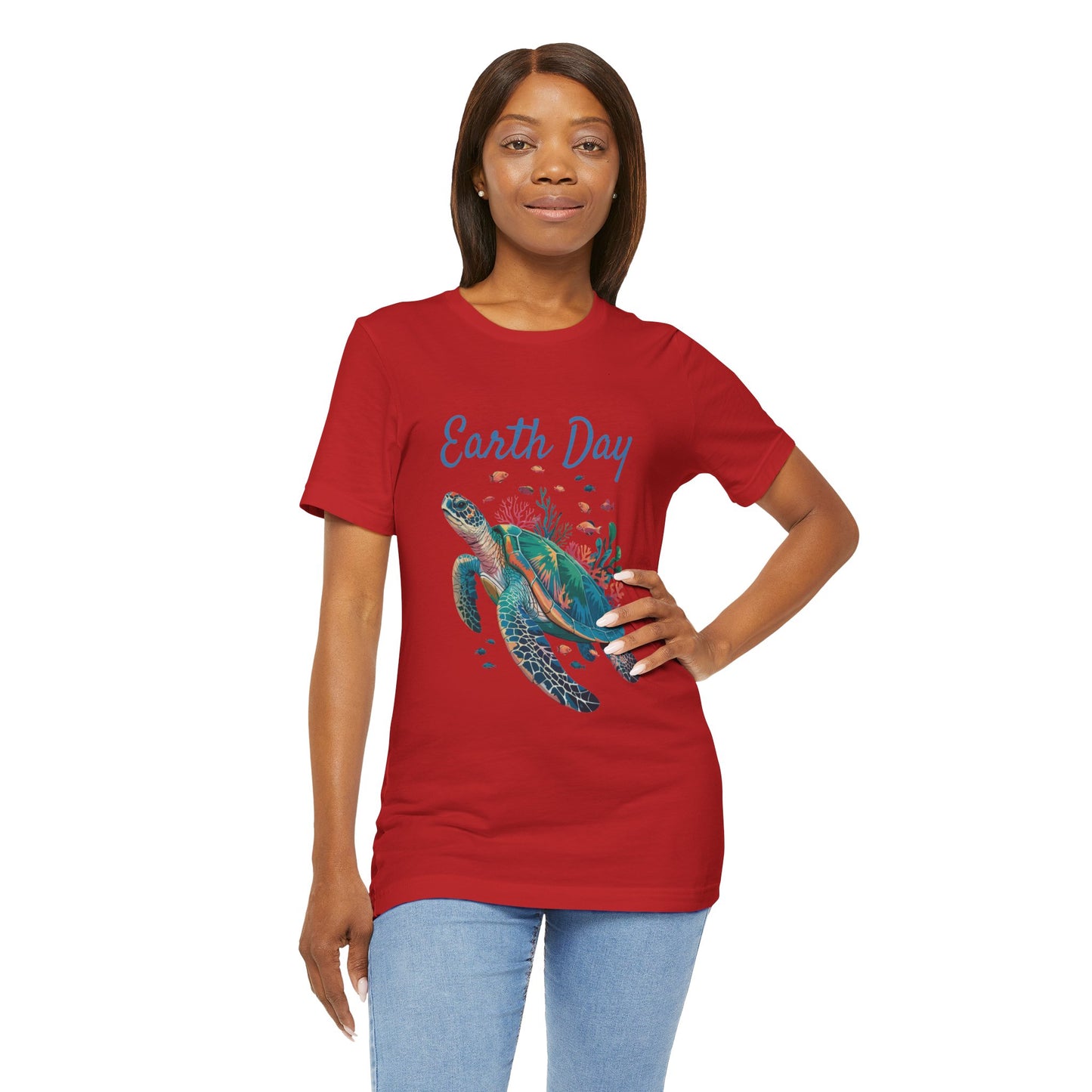 Earth Day Turtle Bella+Canvas Unisex T-Shirt featuring a turtle illustration, worn by a woman, showcasing casual style and eco-friendly design. Ideal for nature lovers.