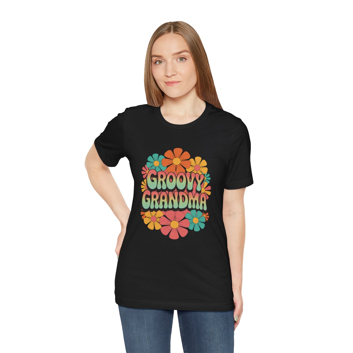 Groovy Grandma for Mother's Day Bella+Canvas Unisex T-Shirt featuring a vibrant floral design, worn by a woman with blonde hair. Stylish and playful, perfect for vintage-loving grandmas.