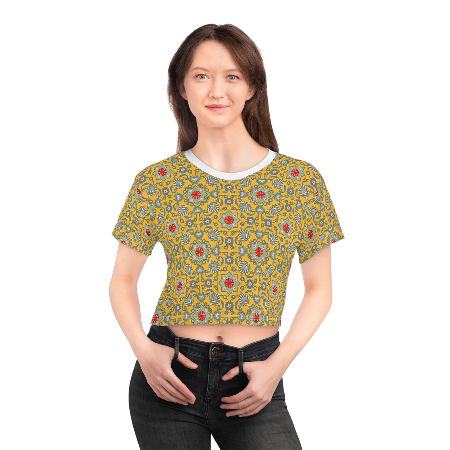 Bohemian Floral - Vibrant Yellow Patterned Top for Festivals and Summer Outings Crop T-Shirt
