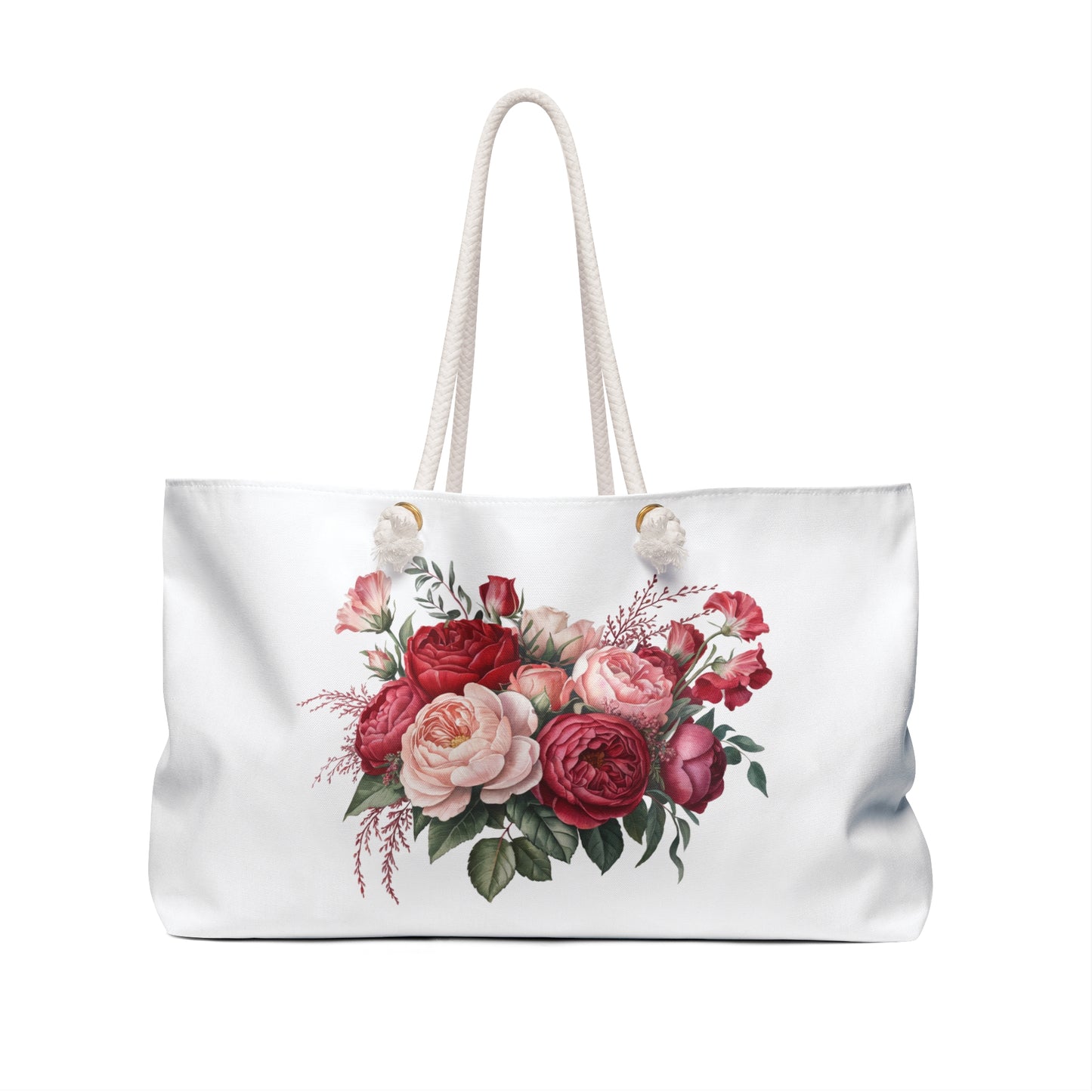 Weekender Bag - Red Bouquet Design: Close-up of a stylish handbag with a vibrant floral pattern, featuring durable rope handles and spacious interior, perfect for chic weekend getaways.