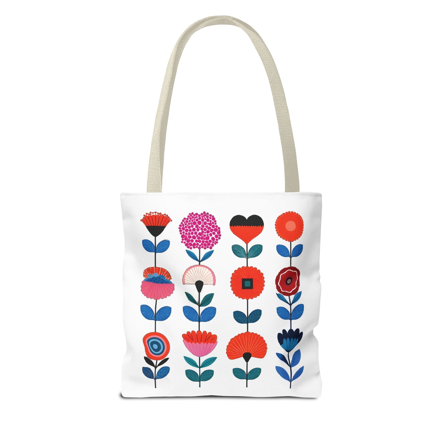 Floral Pattern Tote Bag featuring vibrant flowers, ideal for everyday use. Durable polyester with reinforced handles, available in multiple sizes for versatile functionality.