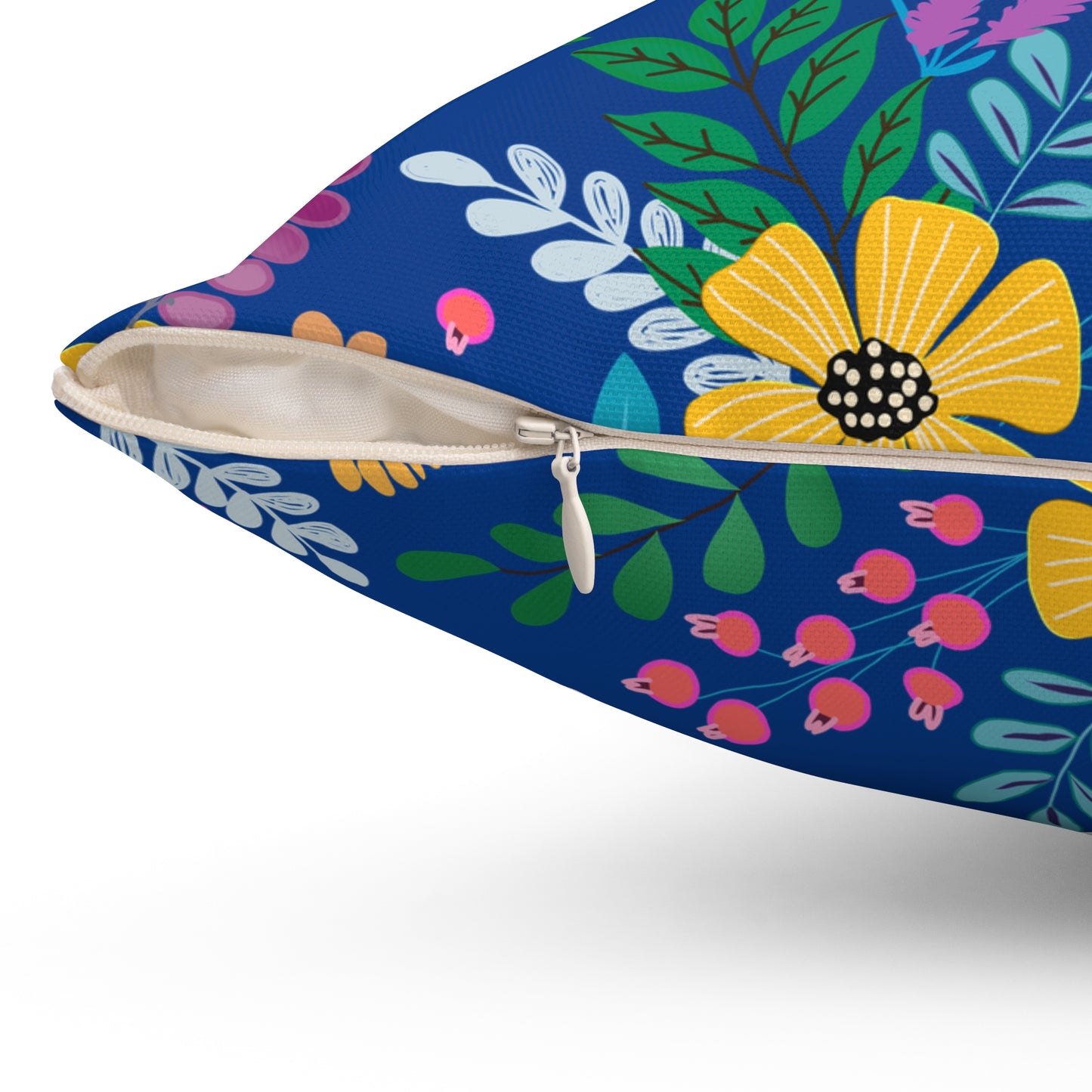 Floral Garden Decorative Pillow — Navy Botanical Throw Pillow features vibrant yellow flowers and green leaves on deep blue fabric, with a partially open zipper showing light lining, embodying FireBrook Designs' cheerful style.