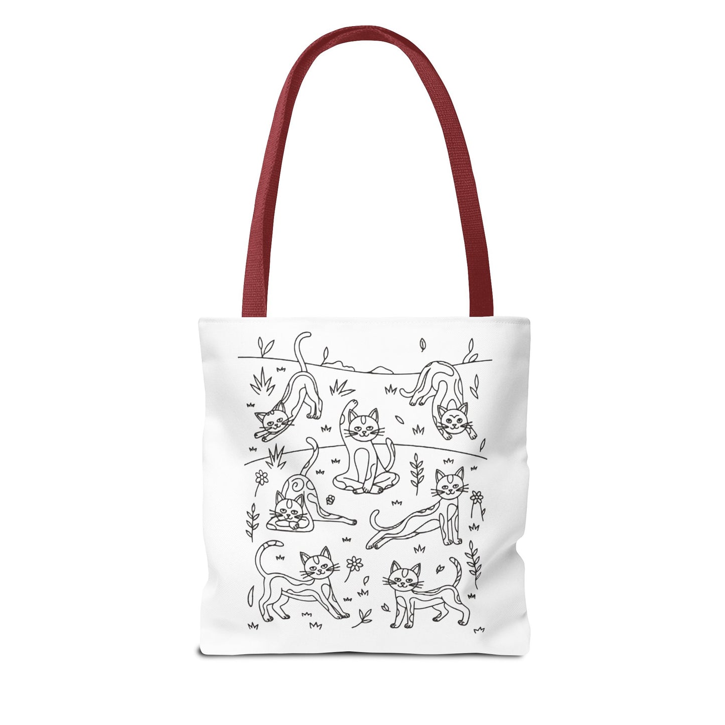 Yoga Cat Tote Bag featuring whimsical cat yoga poses, perfect for errands or gifting. Made from durable polyester with reinforced handles, offering both style and functionality for cat lovers and yoga enthusiasts.