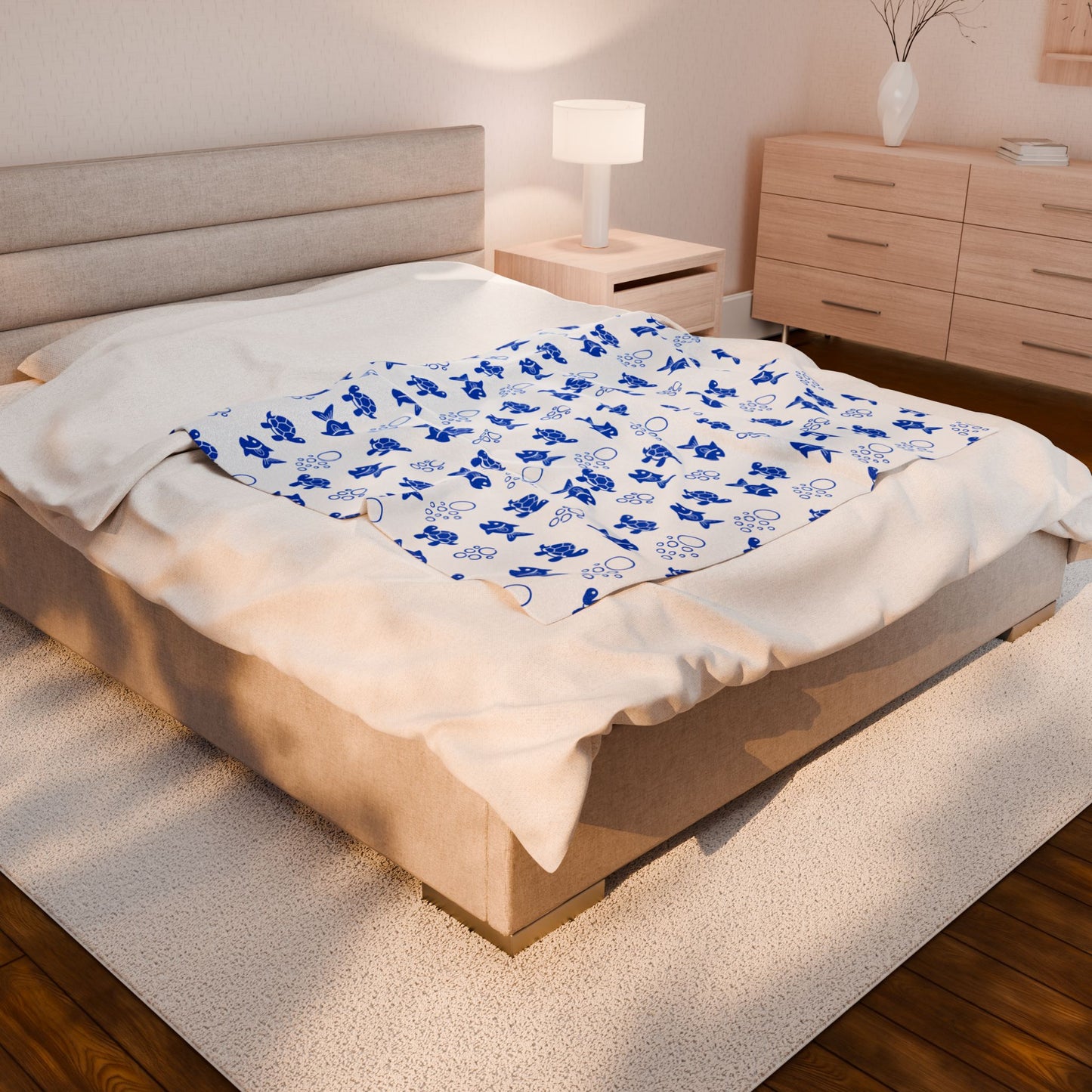 Fish and Turtle Sealife Velveteen Plush Blanket offers a cozy, soft touch. Customize with vibrant, detailed prints on one side. Available in three sizes, perfect for adding warmth and style to any home.