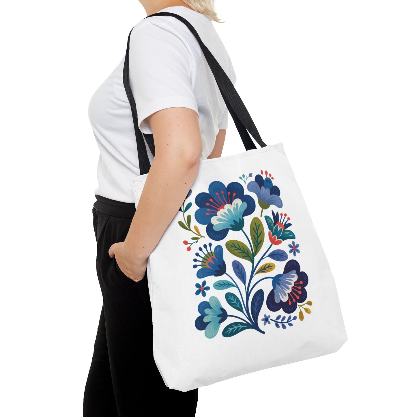 Vintage Folk Art Design Blue Floral Tote Bag showcasing a charming, nostalgic look with vibrant floral patterns, reinforced handles, and boxed corners, perfect for everyday use or special occasions.