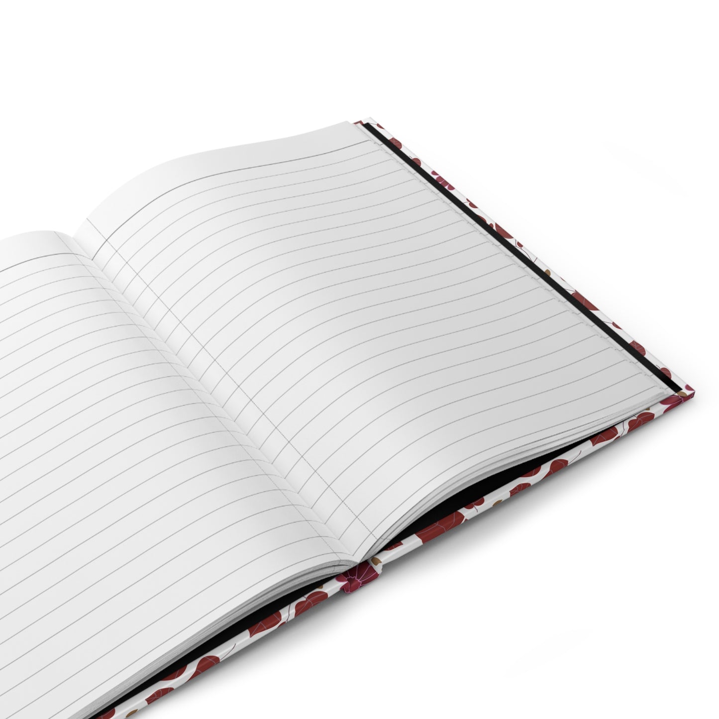 HARDCOVER JOURNAL, MATTE, RULED, 5X7, SEWN BIND, CLEAN-TEAR PAGES. Notebook open flat, revealing lined pages with a glimpse of floral cover edges, embodying FireBrook Essentials' blend of style and functionality.