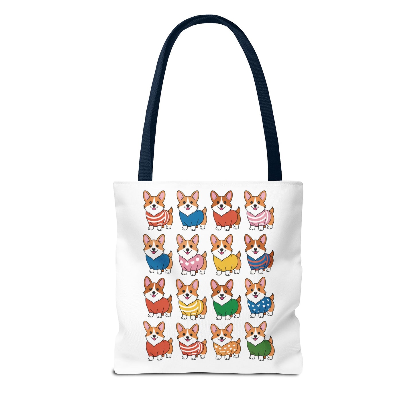 Corgi Grid Tote Bag - Cheerful Cartoon Style Dog Lover Shoulder Bag features cute corgis in outfits on durable polyester, ideal for everyday use. Available in three sizes with reinforced handles.