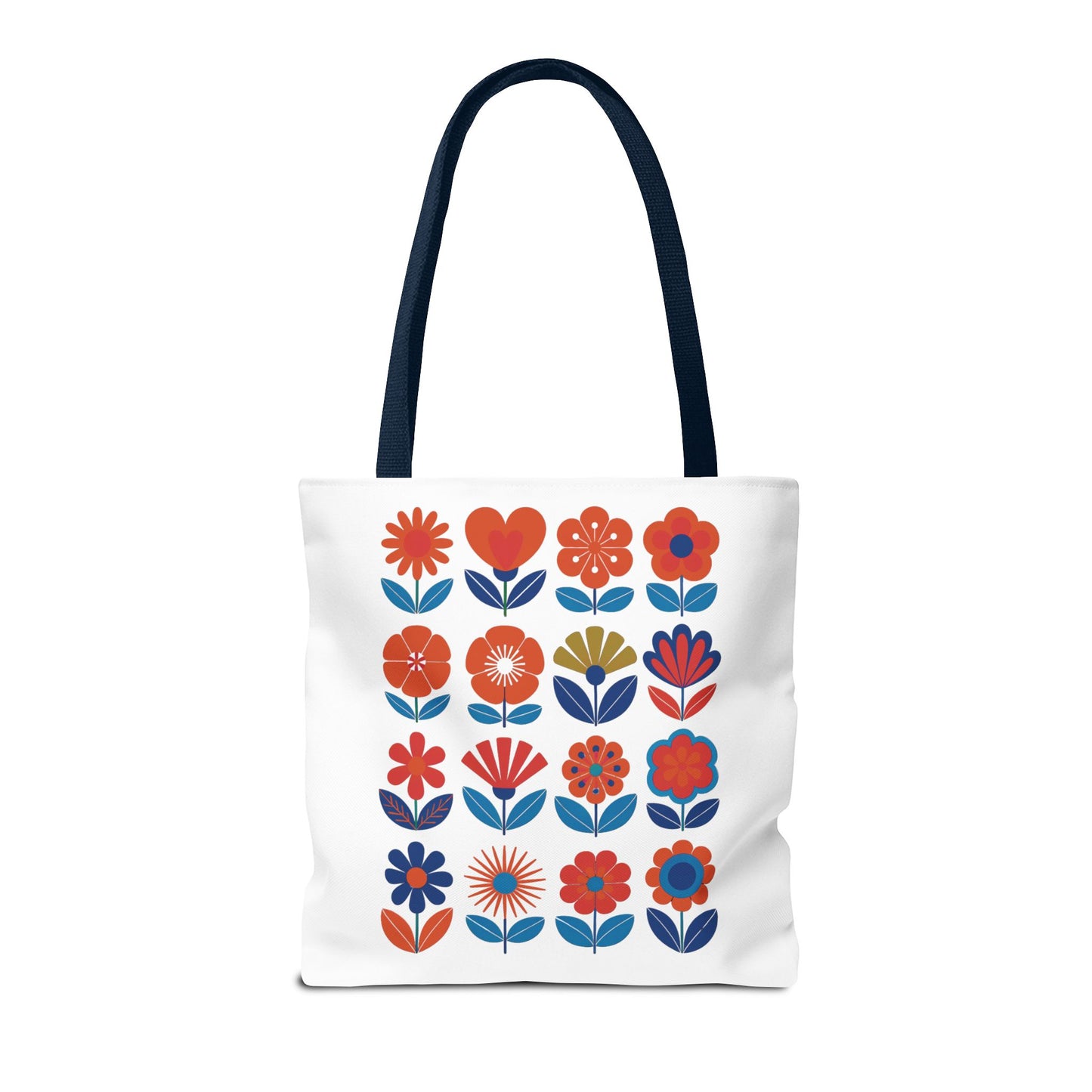Floral Tote Bag with mid-century modern floral design, showcasing durable polyester body, reinforced handles, and boxed corners. Perfect for carrying essentials, available in multiple sizes, aligning with FireBrook Essentials' stylish and joyful ethos.