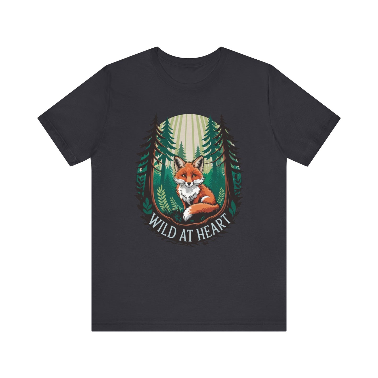 Wild at Heart Fox Illustration Bella+Canvas Unisex T-Shirt featuring a cartoon fox amidst trees. Perfect for nature lovers seeking a comfortable, stylish, and uplifting apparel choice.
