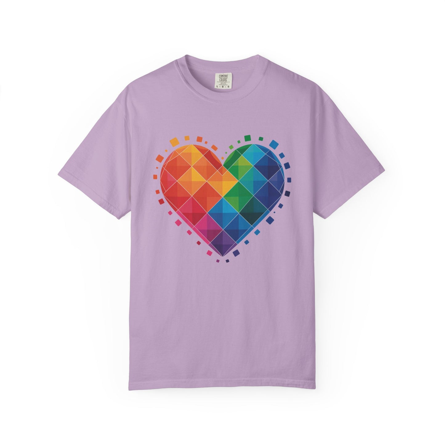 Rainbow Geometric Heart T-Shirt featuring a dynamic heart-shaped design with translucent, overlapping squares. Ideal for vibrant, contemporary style enthusiasts seeking comfort and positivity from FireBrook Essentials apparel.