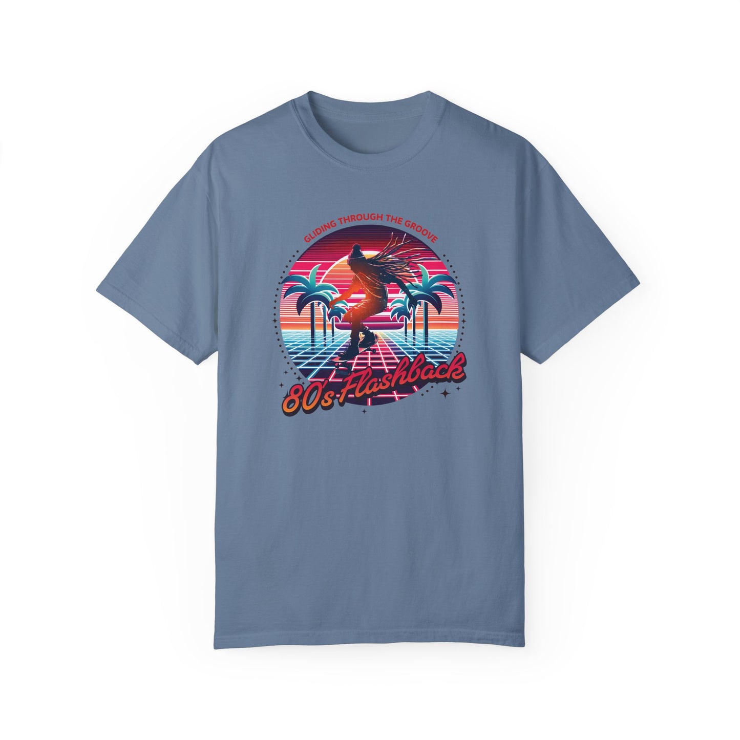 Skateboard Retro 80's Comfort Colors Unisex T-shirt featuring a graphic design of a person skateboarding, embodying retro vibes. Ideal for casual wear, themed parties, or skateboarding events.