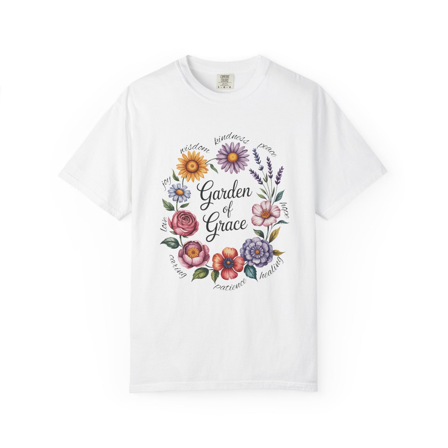 Garden of Grace Floral Wisdom T-shirt featuring intricate floral designs and inspirational quotes, reflecting a serene vibe, ideal for nature lovers and gift-giving, crafted with durable, sustainable US cotton.
