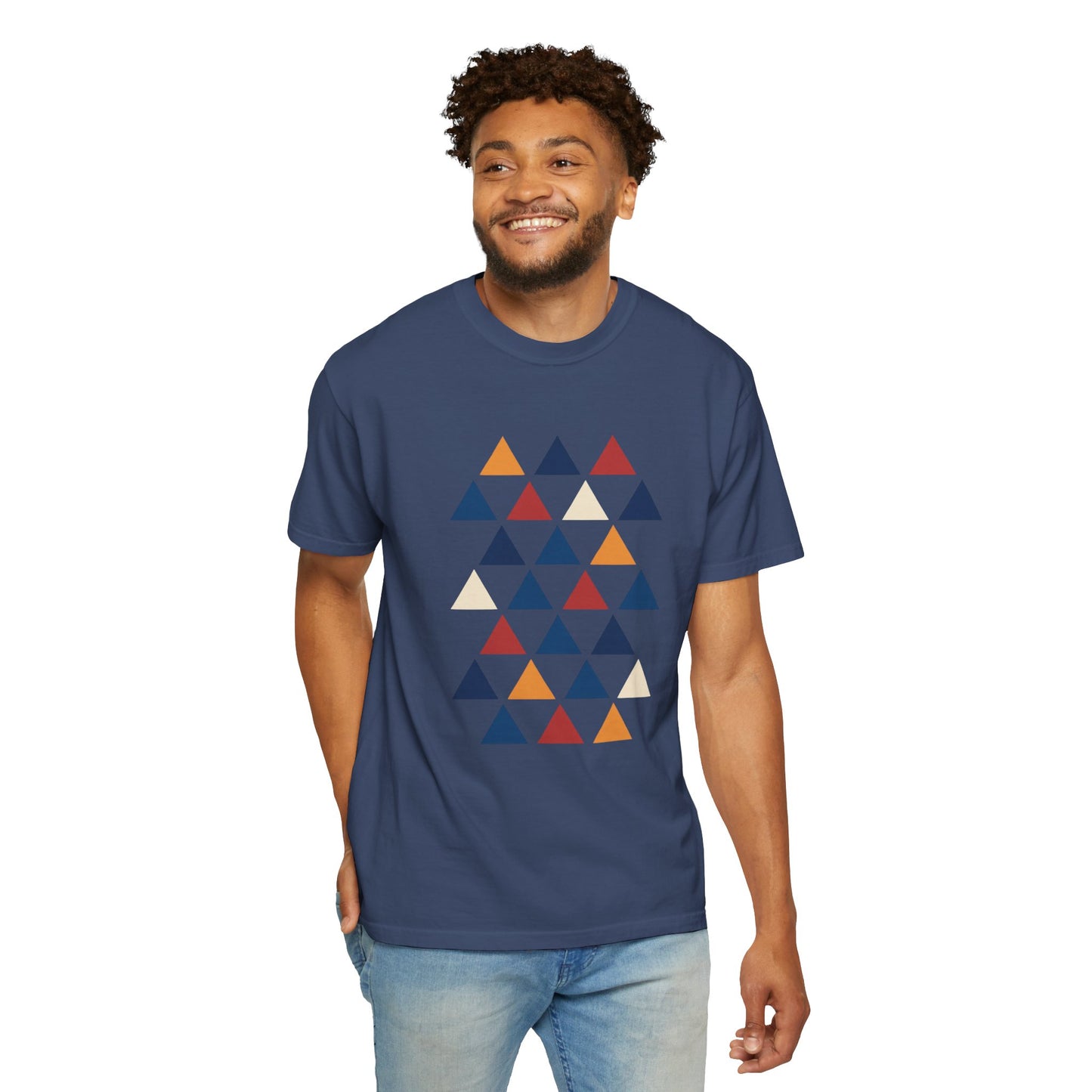 Geometric Triangle Grid T-Shirt with bold triangular patterns, offering a stylish and minimalist design. Ideal for casual or special occasions, embodying FireBrook Essentials' commitment to comfort and positivity.