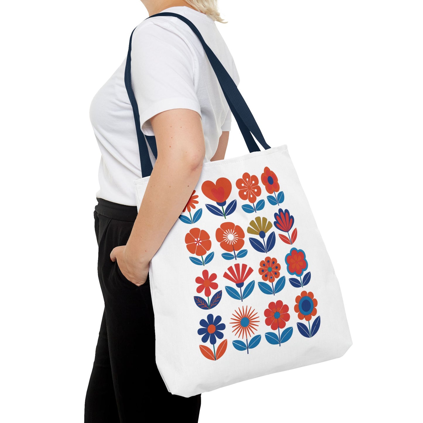 Floral Tote Bag with mid-century modern floral elements, designed for style and practicality. Perfect for carrying essentials, it features durable polyester, reinforced handles, and boxed corners for extra room.