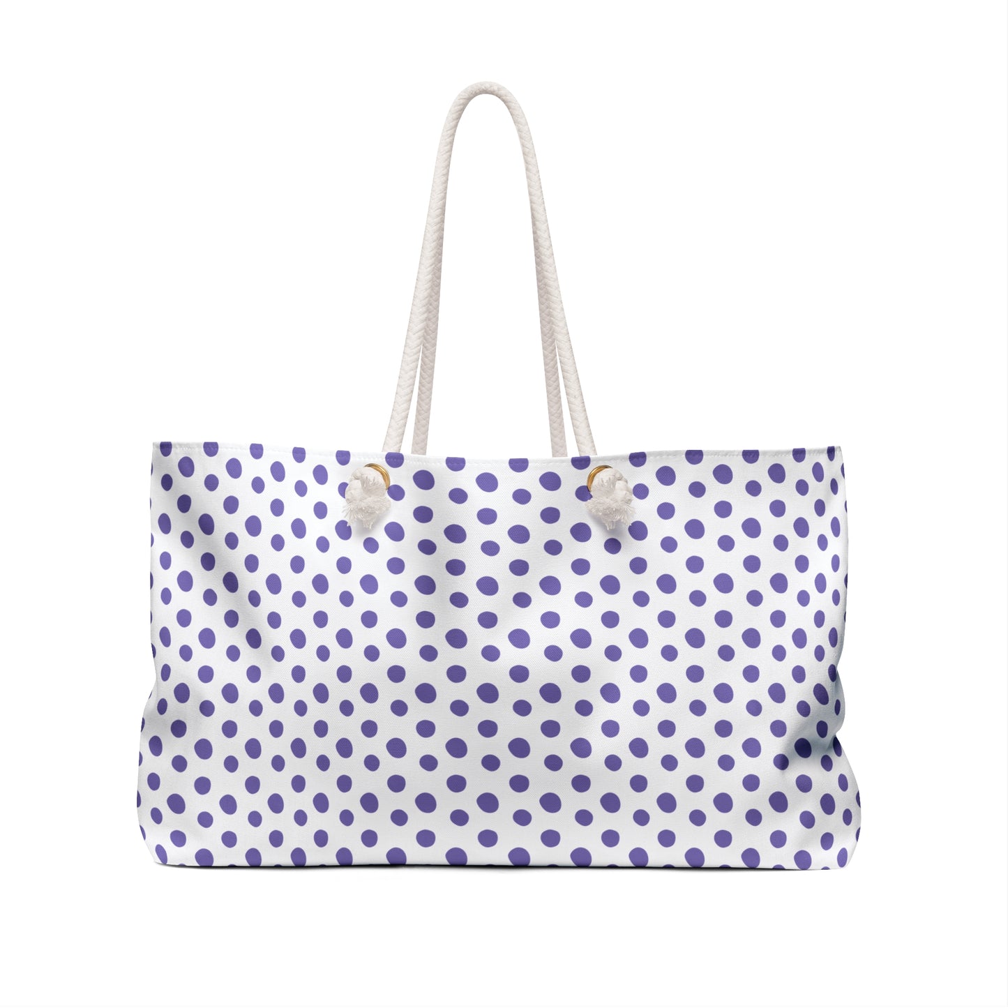 Weekender Bag - Light Purple Polka Dots Travel Tote with gold handle, featuring a playful, spacious design and rope handles, perfect for stylish weekend getaways and short trips.