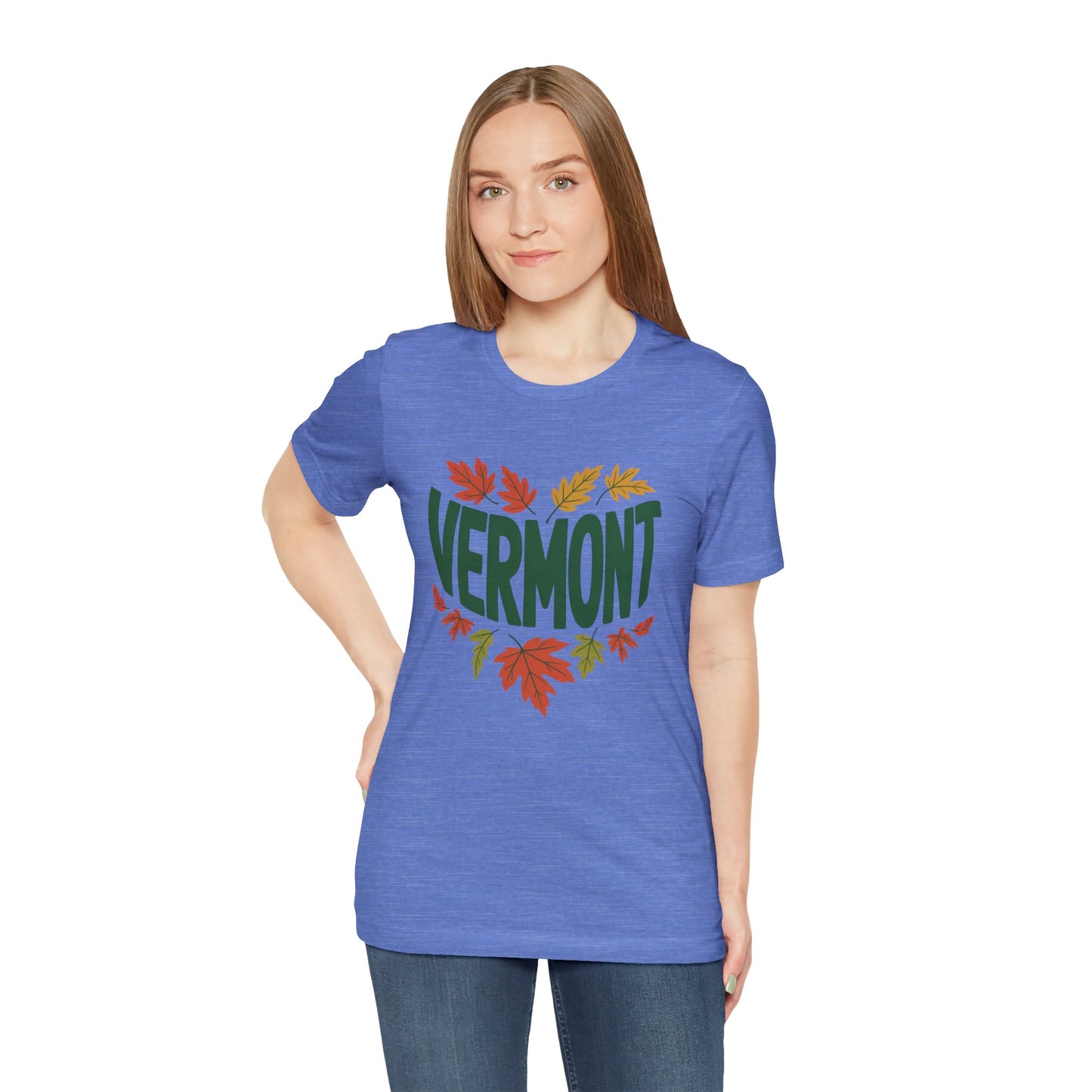 Vermont Love Bella+Canvas Unisex T-Shirt, showcasing a relaxed fit with ribbed knit collar and shoulder tape, ideal for outdoor enthusiasts. Perfect for layering, aligning with FireBrook Essentials' emphasis on comfort and style.