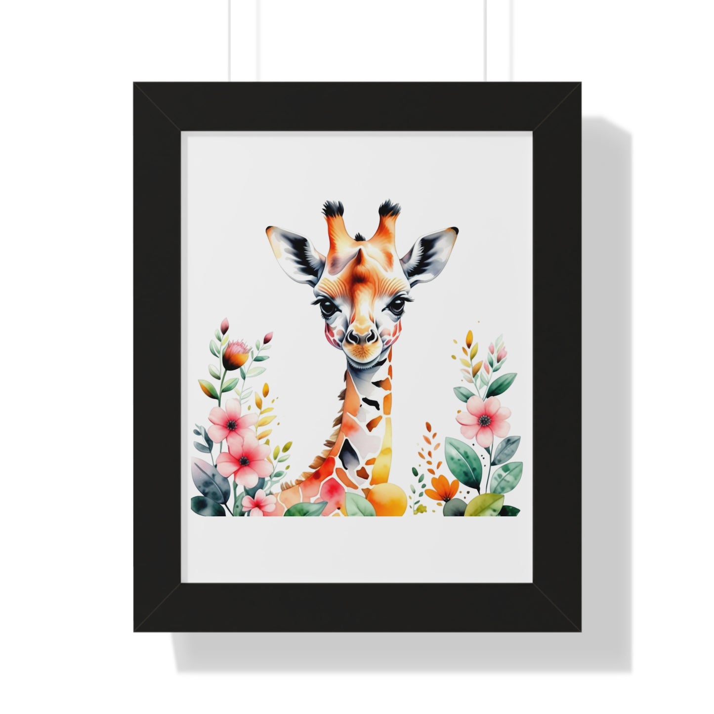 Whimsical Baby Giraffe Wall Art in a black frame, featuring a charming giraffe adorned with flowers, ideal for nurseries or playrooms. Perfect for bringing joy and cuteness to any space.