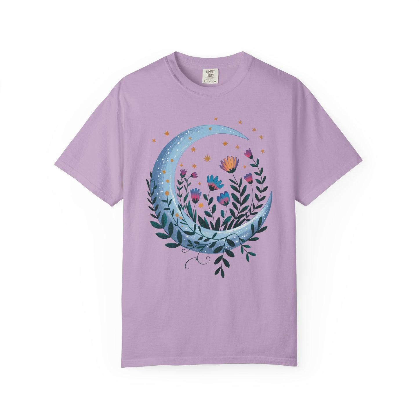 Crescent Moon with Flowers T-Shirt showcasing a bohemian design with floral accents, ideal for nature enthusiasts. Crafted from soft, ethically sourced US cotton, it features durable stitching and a relaxed fit.