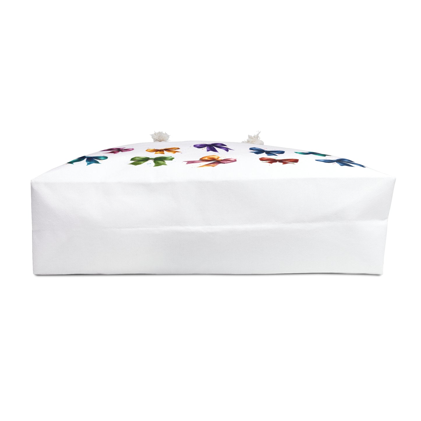 Weekender Bag - Fancy Colorful Ribbons Travel Tote for Stylish Getaways: A chic white bag adorned with vibrant ribbons, featuring rope handles and gold grommets, ideal for organized and joyful travel adventures.