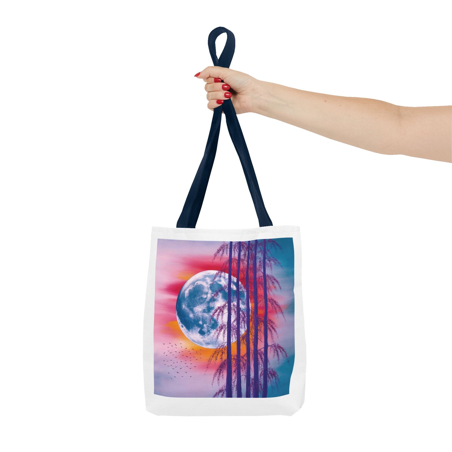 Moonlit Landscape Tote Bag showcasing a vibrant full moon with silhouetted trees against a fiery sunset, embodying FireBrook Essentials' ethos of uplifting, original designs for joyful everyday use.