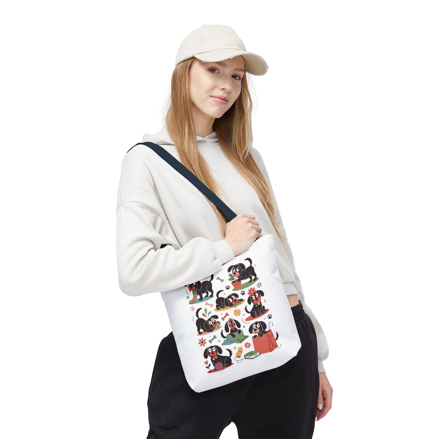 Dog Tote Bag - Playful Cartoon Illustration Design featuring whimsical, hand-drawn dogs in lively poses with everyday items, perfect for dog lovers seeking a fun, reusable accessory.