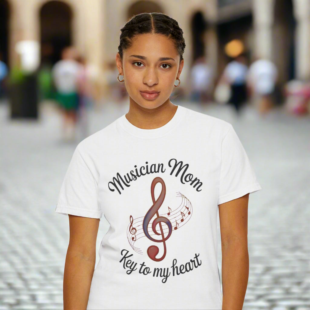 Musician Mom T-Shirt featuring a relaxed fit and crew neckline, made of high-quality US cotton, ideal for expressing musical passion and style. Perfect for casual or semi-formal occasions.