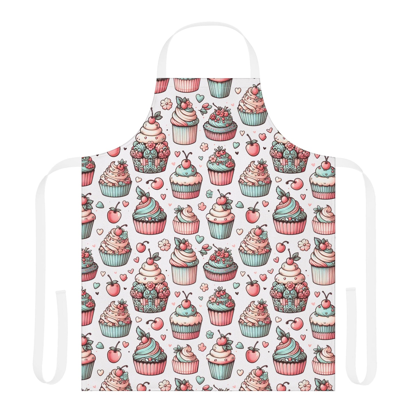 Cupcakes Apron featuring whimsical cupcake and cherry patterns, ideal for baking enthusiasts. This stylish, protective garment from FireBrook Essentials ensures a joyful kitchen experience with its comfortable tie-back closure.