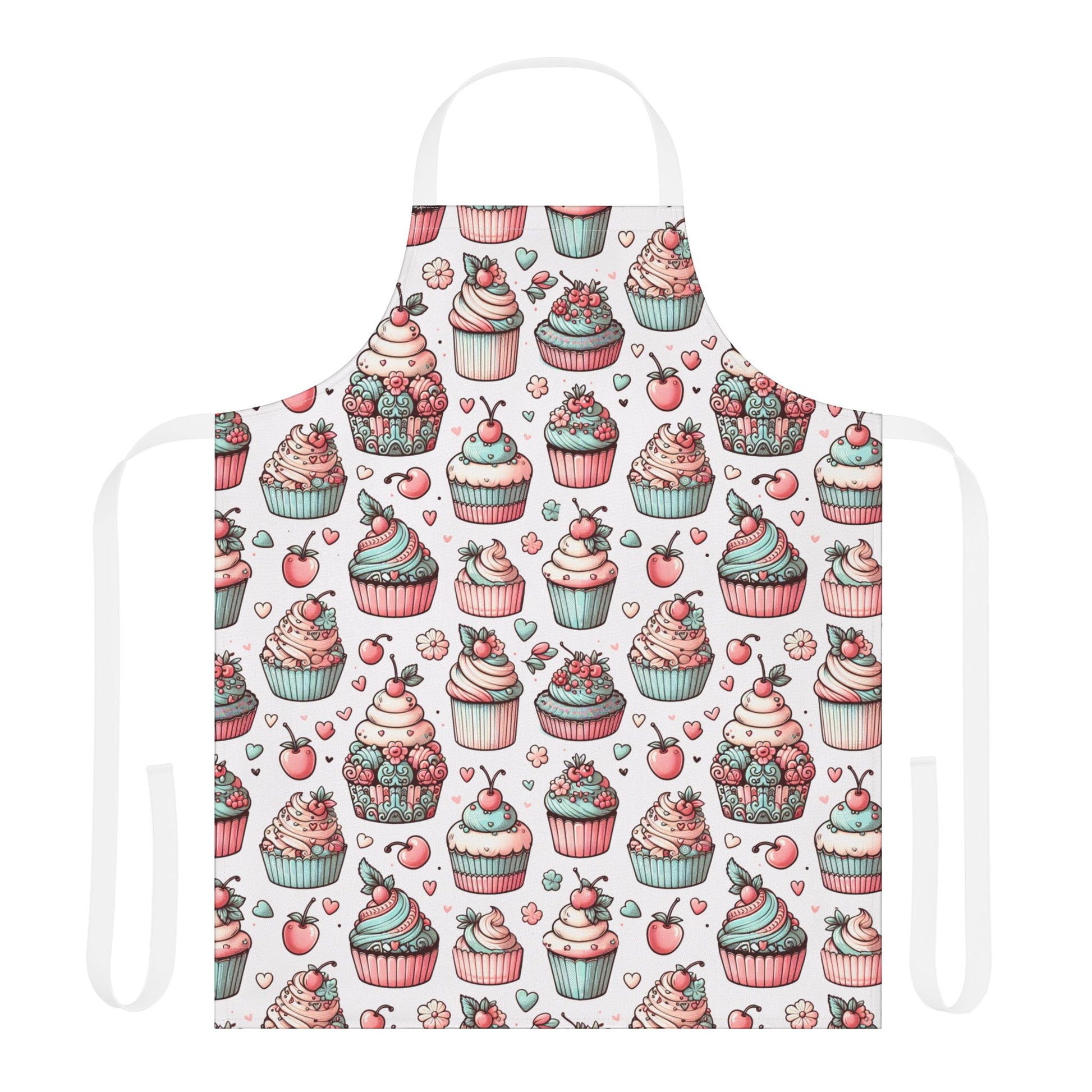 Cupcakes Apron featuring whimsical cupcake and cherry patterns, ideal for baking enthusiasts. This stylish, protective garment from FireBrook Essentials ensures a joyful kitchen experience with its comfortable tie-back closure.