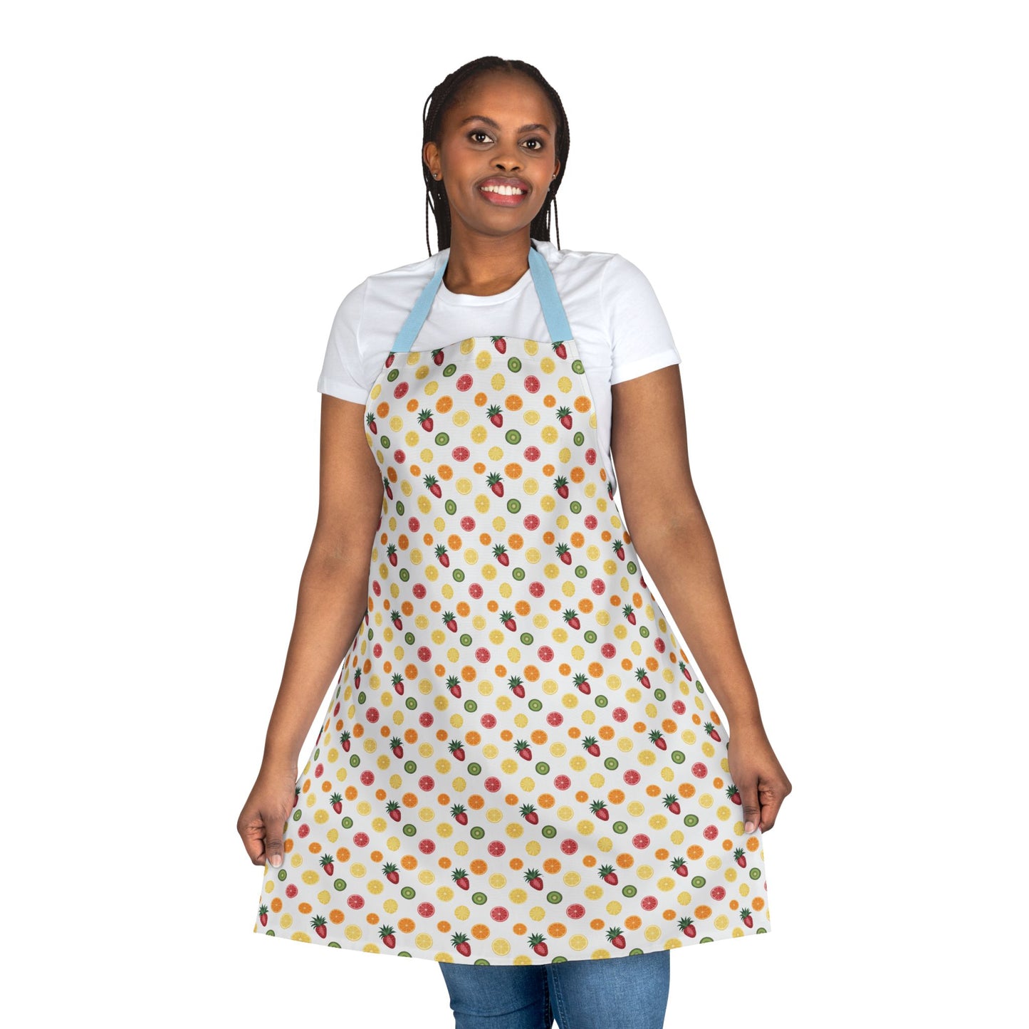 Apron, Fruit Slice Design, 5-Color Straps features vibrant fruit patterns like oranges and kiwis, perfect for cooking enthusiasts. The apron reflects FireBrook Designs' commitment to stylish, joyful, and practical apparel.