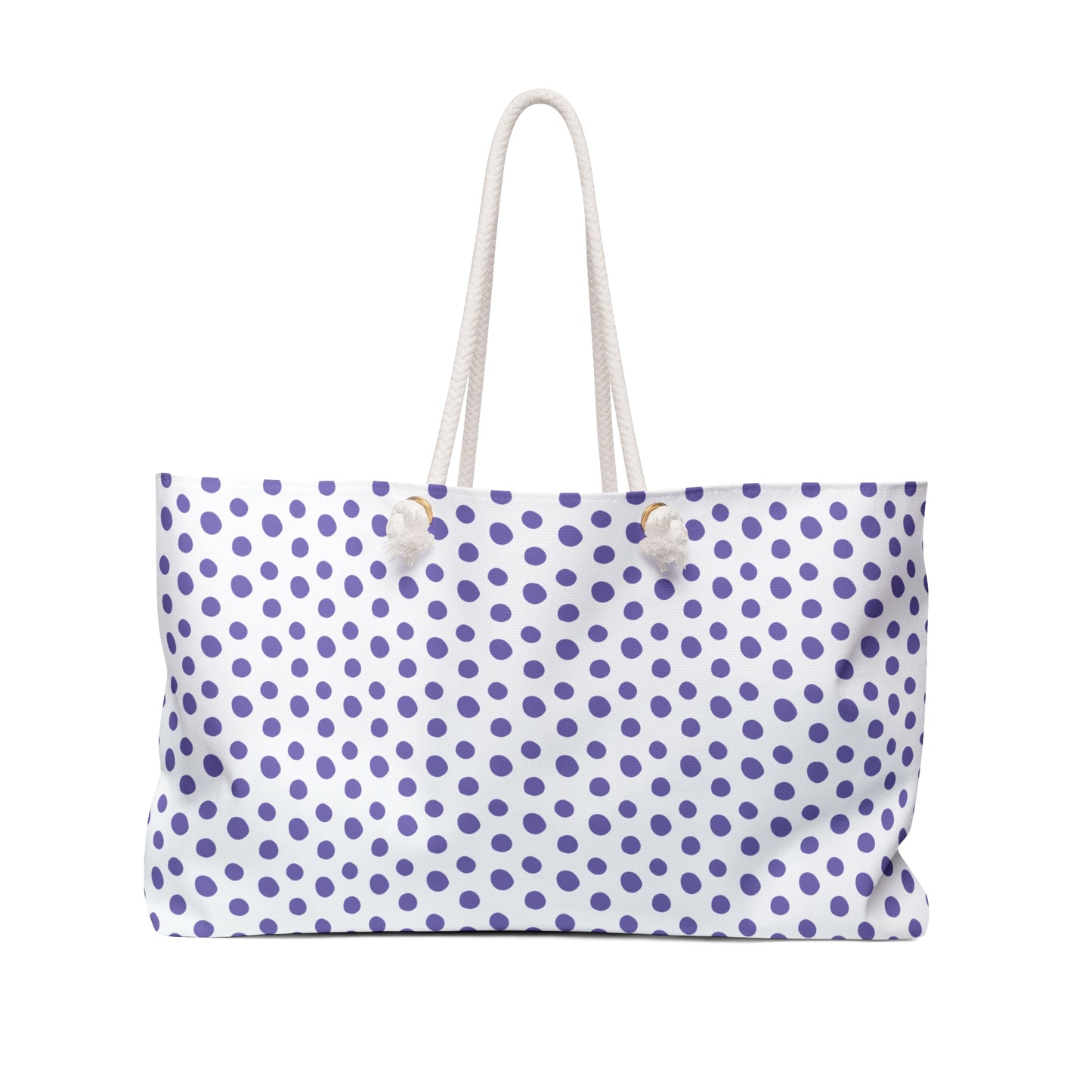 Weekender Bag - Light Purple Polka Dots Travel Tote features playful purple dots, rope handles, and a spacious T-bottom design, perfect for stylish weekend getaways and aligning with FireBrook Essentials' joyful, uplifting ethos.