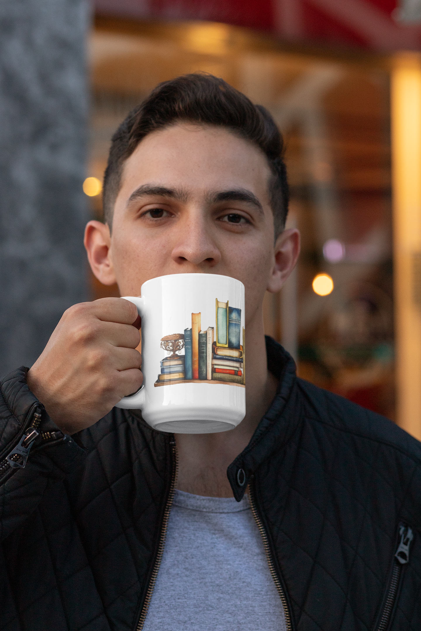 Books Ceramic 15 oz Coffee Mug with a captivating book design, ideal for book lovers. Made from durable ceramic, it offers a comfortable grip and keeps beverages at the perfect temperature. Microwave and dishwasher-safe.