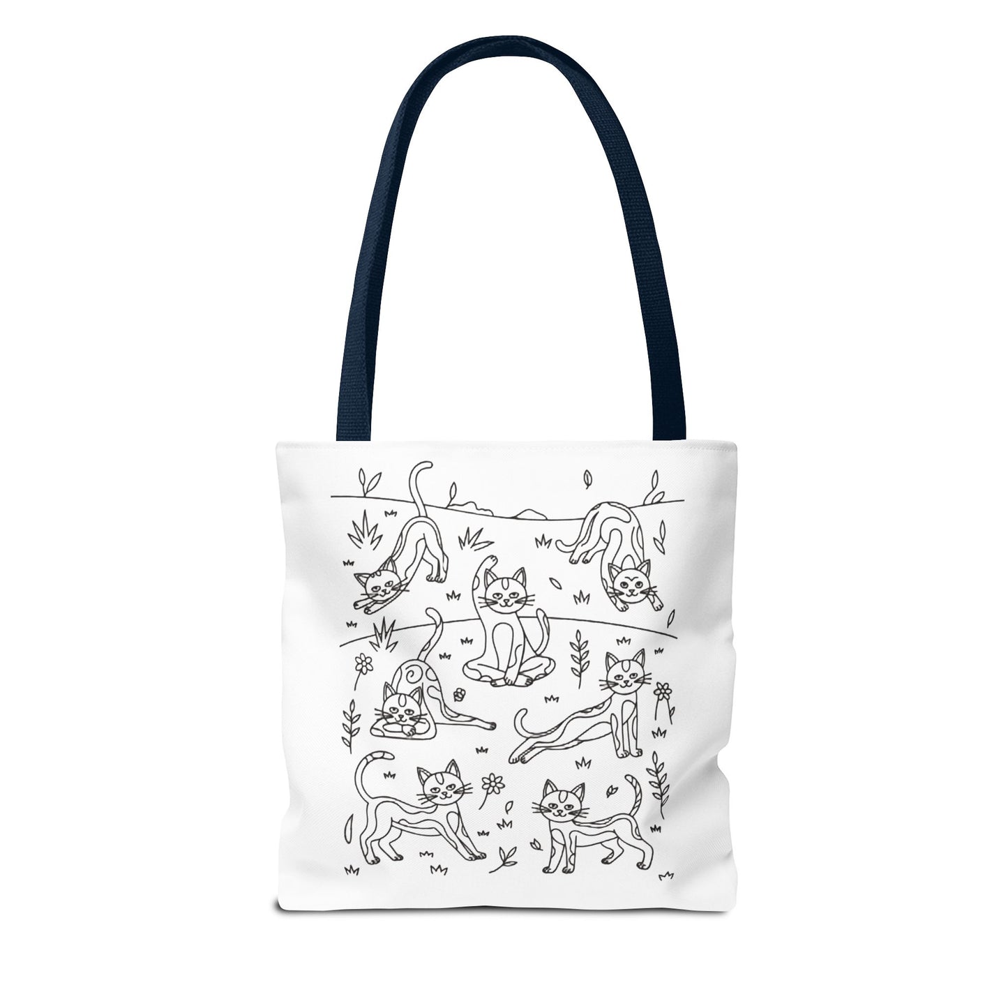 Yoga Cat Tote Bag featuring playful cat yoga poses, perfect for errands. This durable, whimsical tote from FireBrook Designs suits cat lovers and yoga enthusiasts, offering practicality with reinforced handles and spacious boxed corners.