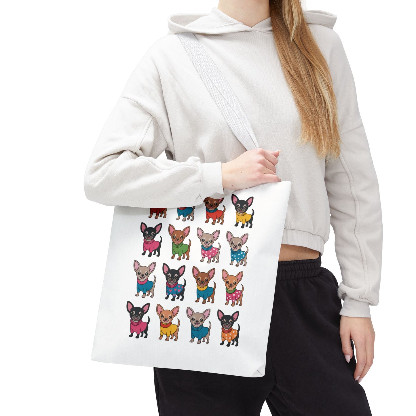Chihuahua with Wardrobe Portraits Tote Bag features playful chihuahua illustrations in various outfits, perfect for dog lovers. Durable, quirky design ideal for errands, with reinforced handles and available in multiple sizes.