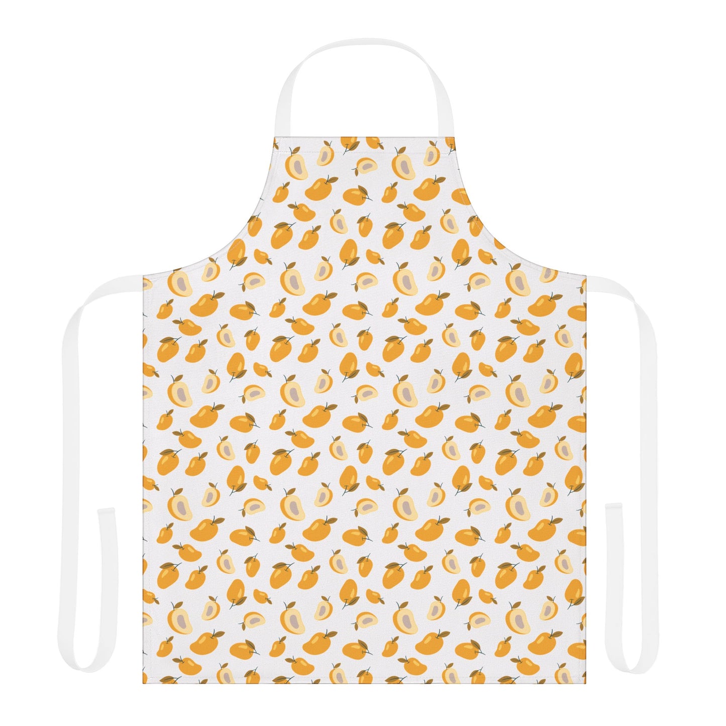 Mango Apron featuring a playful orange fruit pattern, crafted from stain-resistant polyester, perfect for cooking or crafting. Adjustable tie-back closure ensures comfort and style from FireBrook Essentials.