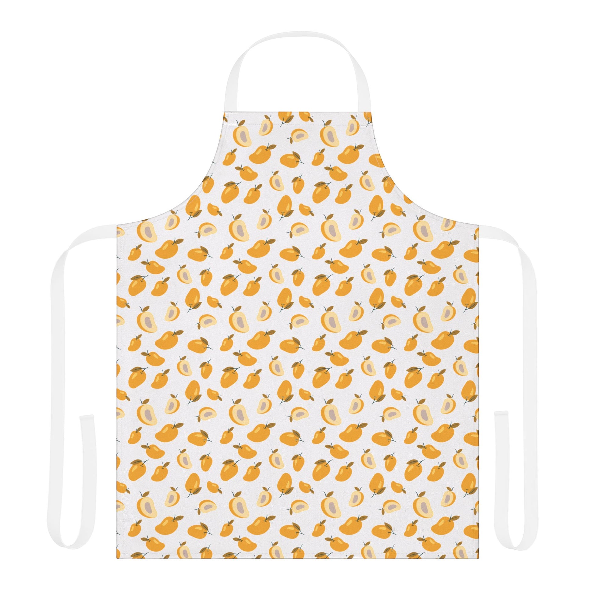 Mango Apron featuring a playful orange fruit pattern, crafted from stain-resistant polyester, perfect for cooking or crafting. Adjustable tie-back closure ensures comfort and style from FireBrook Essentials.