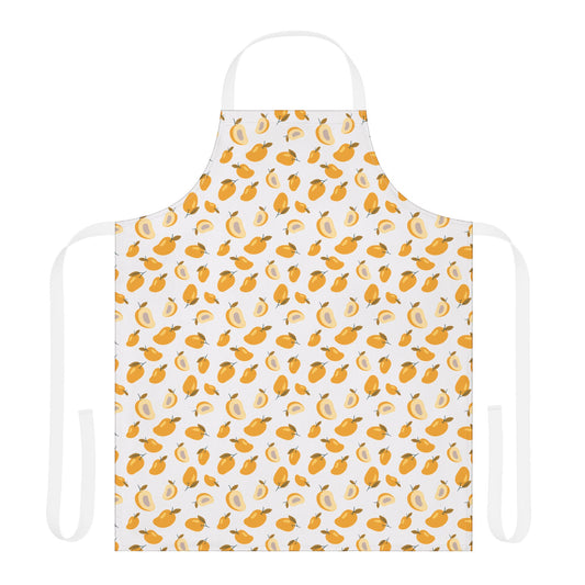 Mango Apron featuring a playful orange fruit pattern, crafted from stain-resistant polyester, perfect for cooking or crafting. Adjustable tie-back closure ensures comfort and style from FireBrook Essentials.