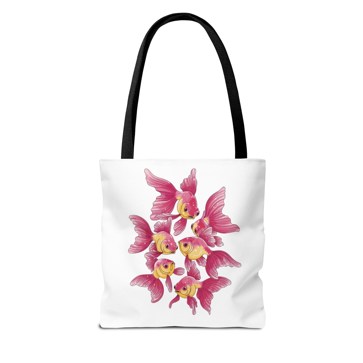 Fish Tote Bag - School of Fish Design: A durable polyester tote featuring a serene school of fish pattern, ideal for marine enthusiasts. Perfect for carrying essentials and groceries, with reinforced handles for strength.