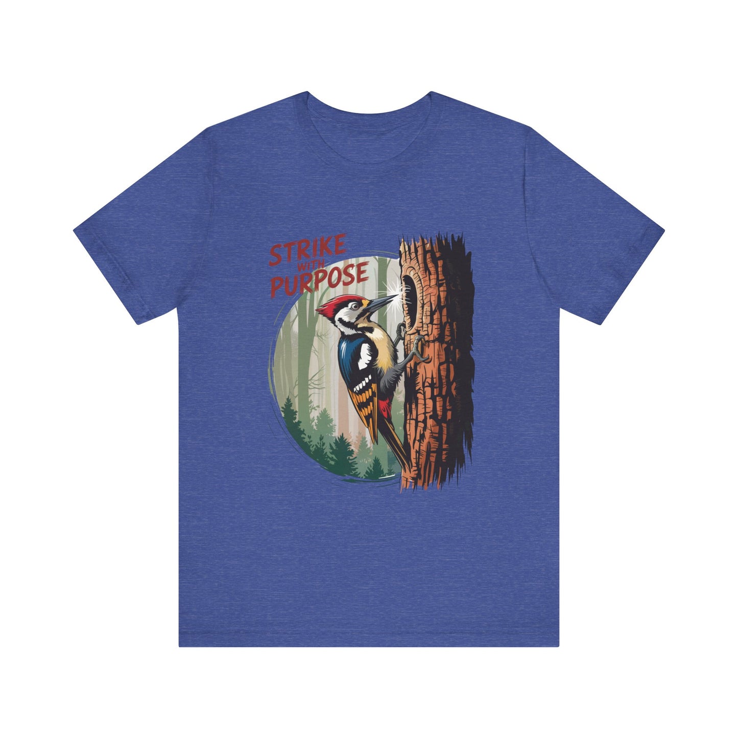 Woodpecker: Strike with a Purpose Bella+Canvas Unisex T-Shirt features a dynamic woodpecker design, embodying a motivational spirit. Ideal for nature enthusiasts and casual wear, aligning with FireBrook Essentials' uplifting ethos.