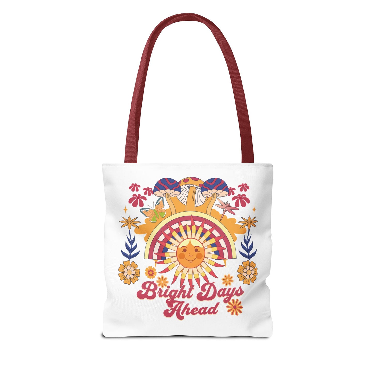 Bright Days Ahead Sunshine Floral Tote Bag with cheerful sunshine, flowers, and butterflies, perfect for outdoor adventures. Features durable polyester, reinforced handles, and boxed corners for extra space. Ideal for joyful occasions.