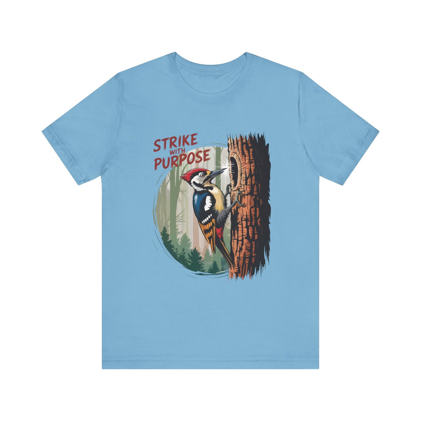 Woodpecker: Strike with a Purpose Bella+Canvas Unisex T-Shirt showcases a woodpecker design, embodying motivation and inspiration, ideal for nature enthusiasts seeking stylish, comfortable apparel from FireBrook Essentials.