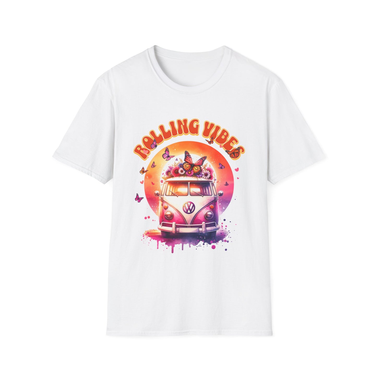 Rolling Vibes Van Gildan Unisex T-Shirt featuring a whimsical pink van with flowers and butterflies, capturing a spirit of adventure and positivity, perfect for casual and cozy outings.