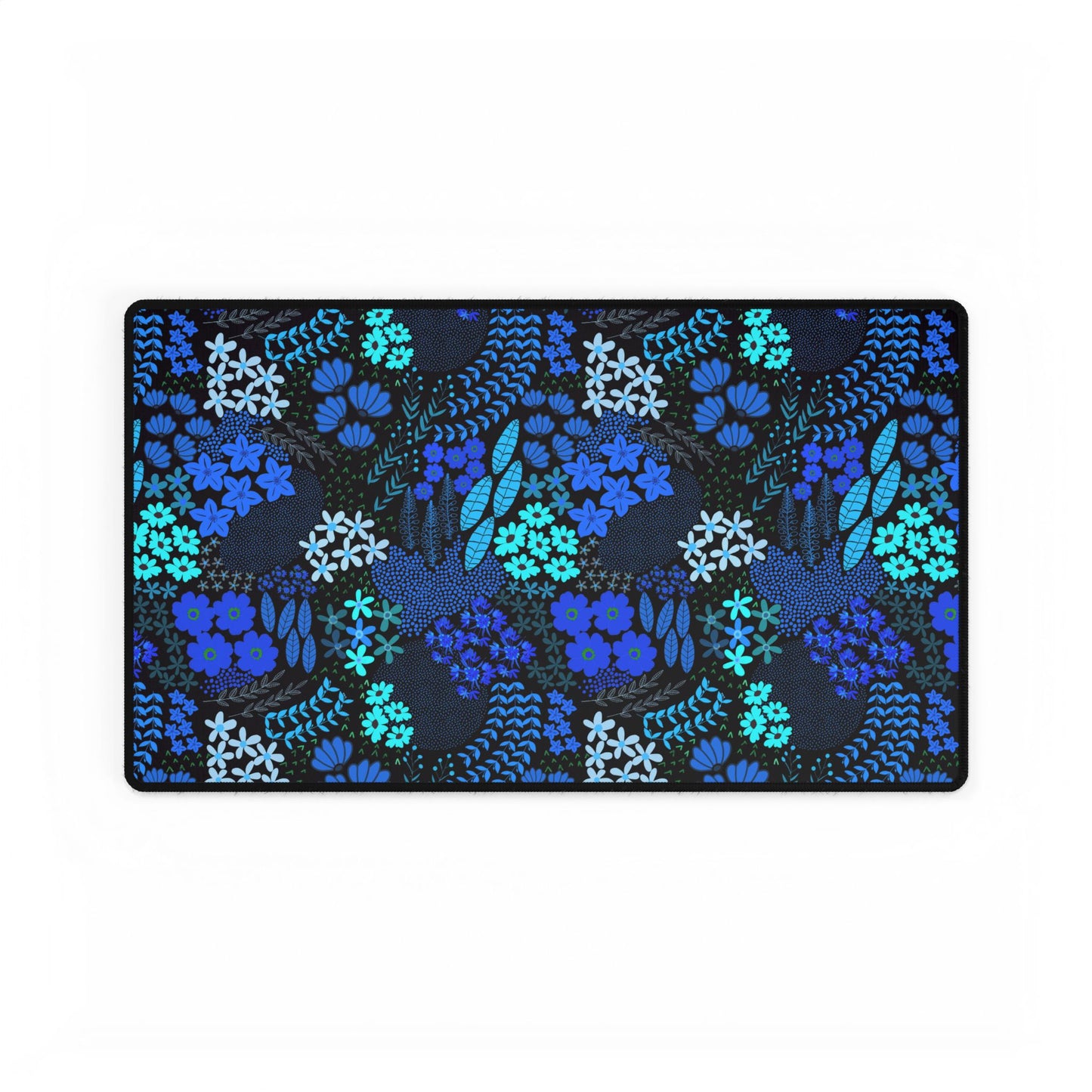 Blue Floral Desk Mat featuring a nearly black base adorned with hand-drawn blue and teal florals, offering elegance and vibrancy to any workspace. Available in multiple sizes for personalized comfort.