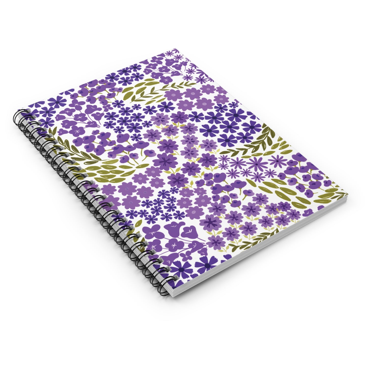 Floral Spiral Notebook with a vibrant purple floral pattern and olive leaf accents on the cover, featuring sleek black metal spiral binding, ideal for creative note-taking and journaling, from FireBrook Designs.