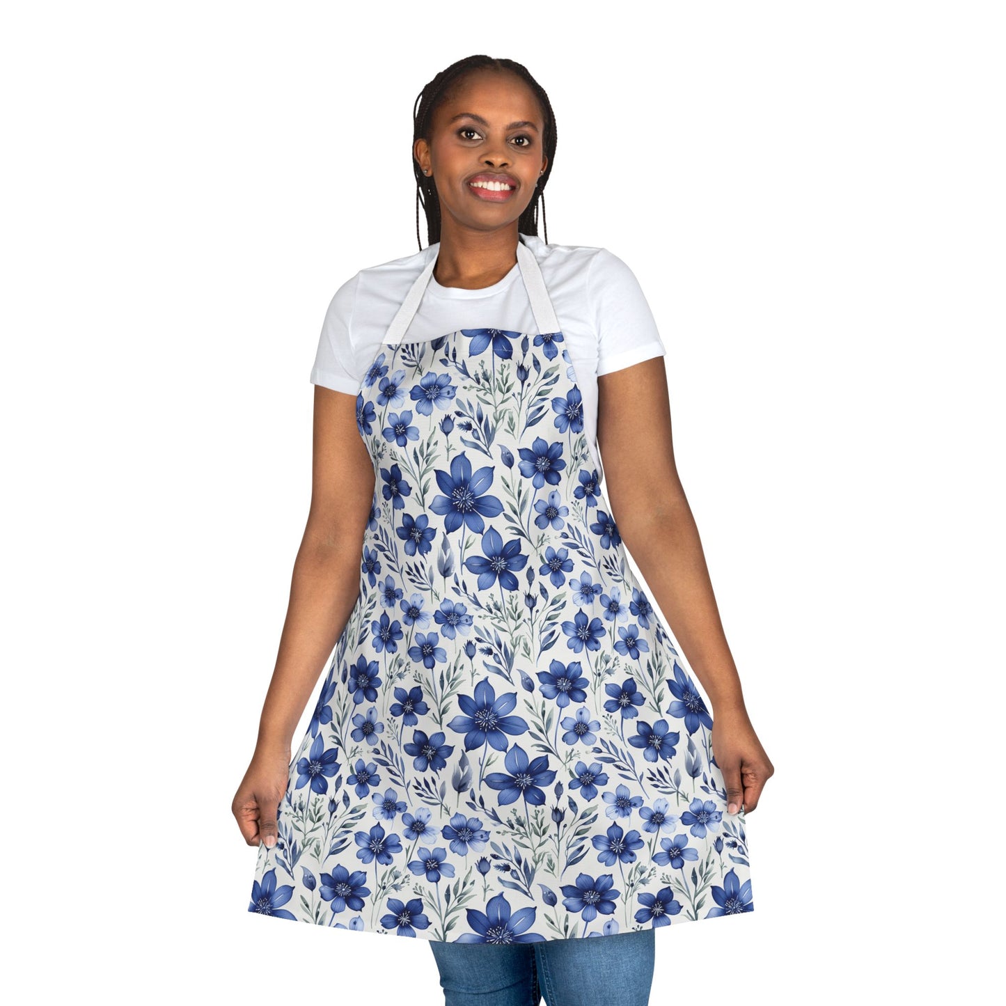 Apron, Blue Wildflower Pattern: A close-up of an apron featuring a hand-painted indigo blue wildflower design, showcasing its artistic and calming watercolor texture, ideal for creative home chefs and gardeners.