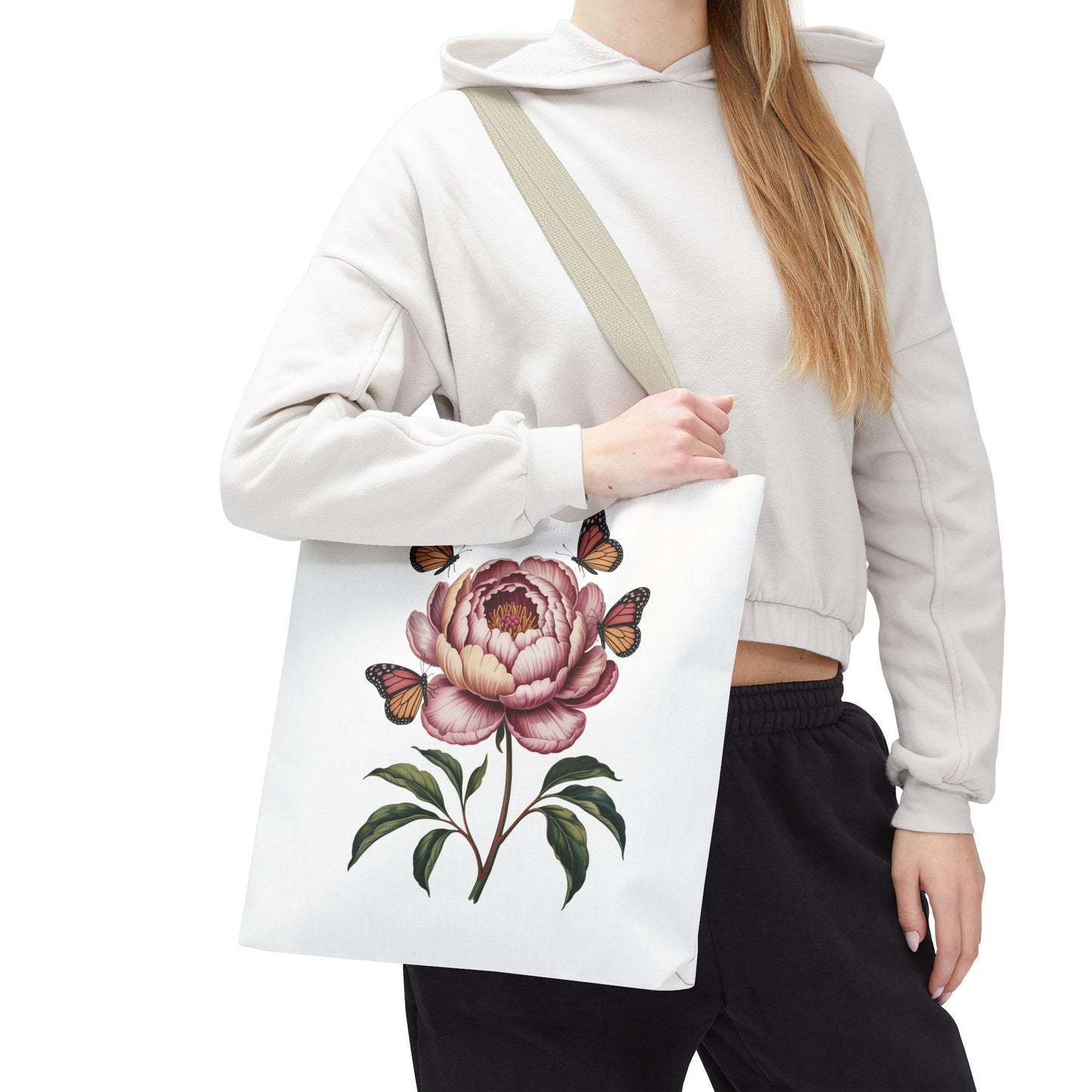 Botanical with Vintage-Inspired Illustration Tote Bag, showcasing vibrant flowers, intricate leaves, and fluttering butterflies; perfect for nature lovers and garden enthusiasts seeking a whimsical touch to their daily essentials.